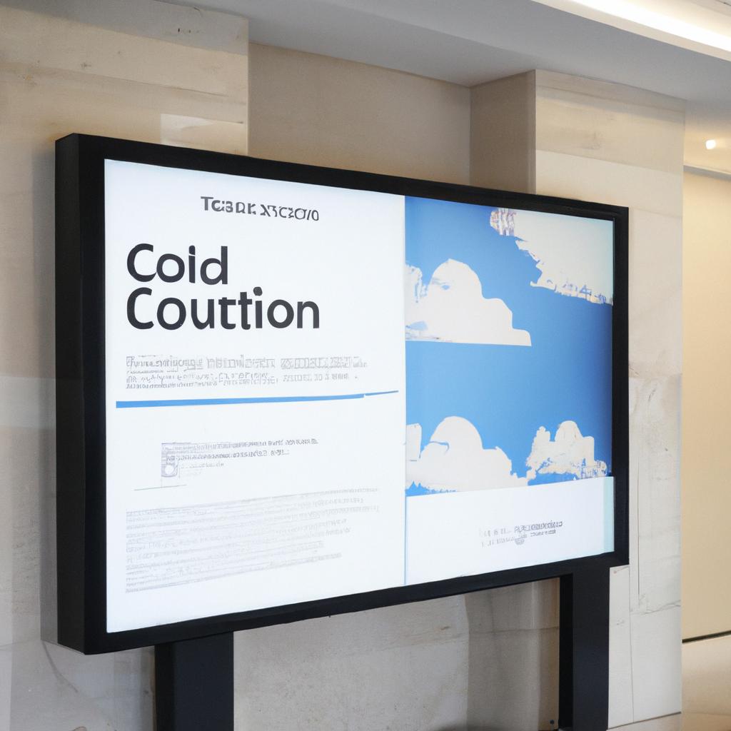 Cloud-based digital signage at the entrance of a corporate office, providing informative content and updates.